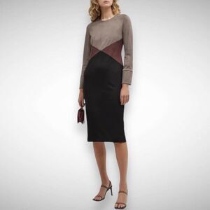 Donna‎ Karan Colorblock Brown Sheath Midi Dress Size 0 Long Sleeve Y2K Suede 90s